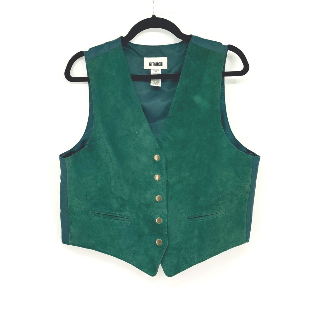 Gitano Women Green Suede Leather Vest Western Whimsigoth Englsih Country Size M